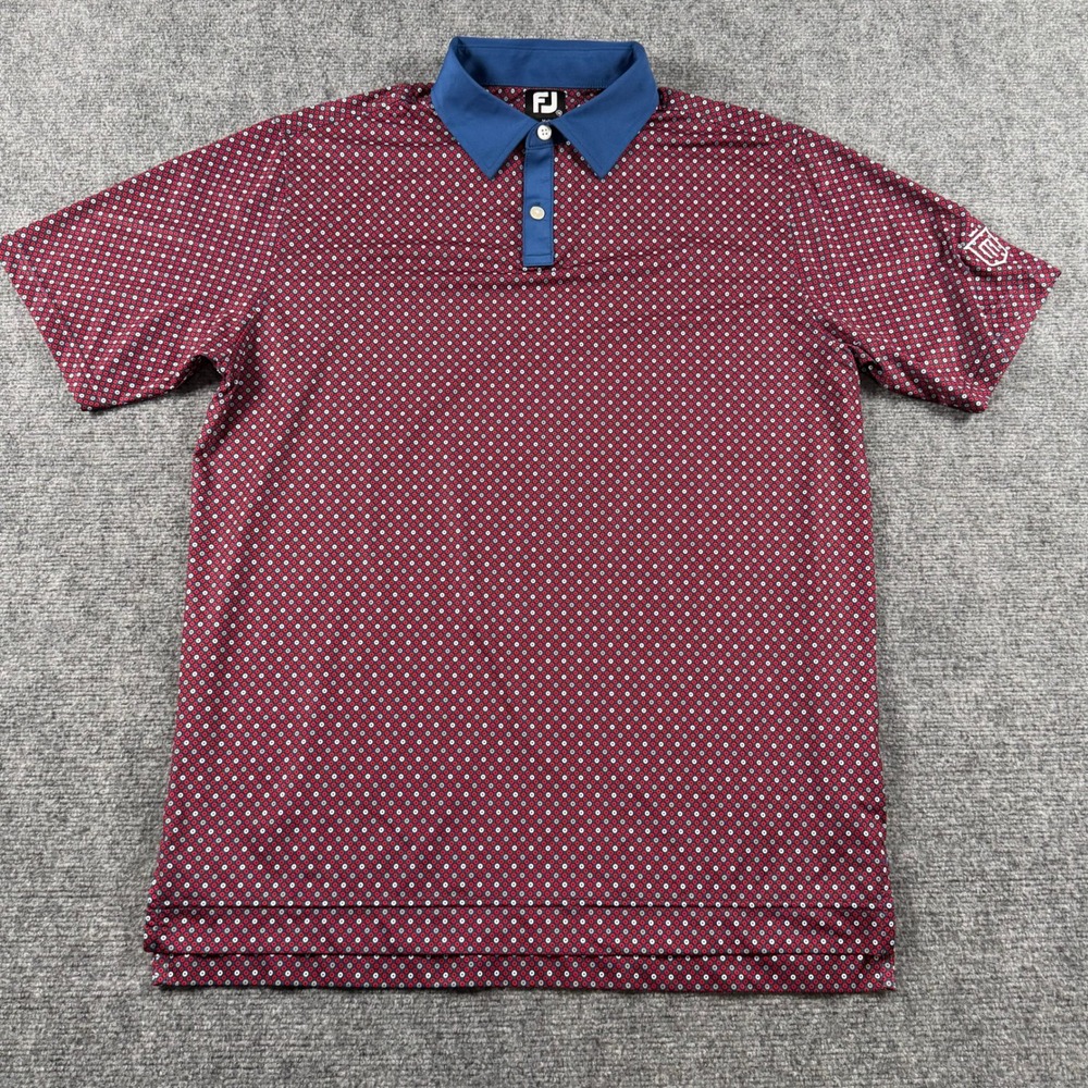 FootJoy Golf Polo Mens Medium Red Blue Geometric Print Lisle Short Sleeve Shirt